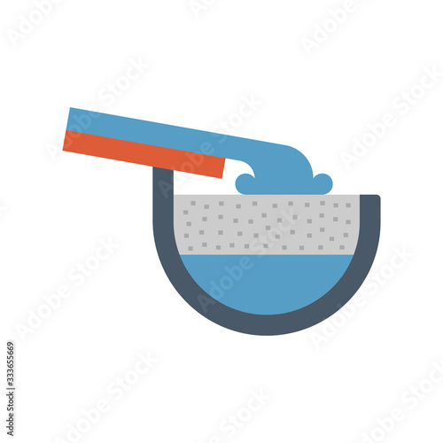 Rain gutter and rainwater pouring icon with half round shape. Include foam gutter guard or gutterstuff or foam filter insert made from sponge for protection from damage, clogged and reduce cleaning.