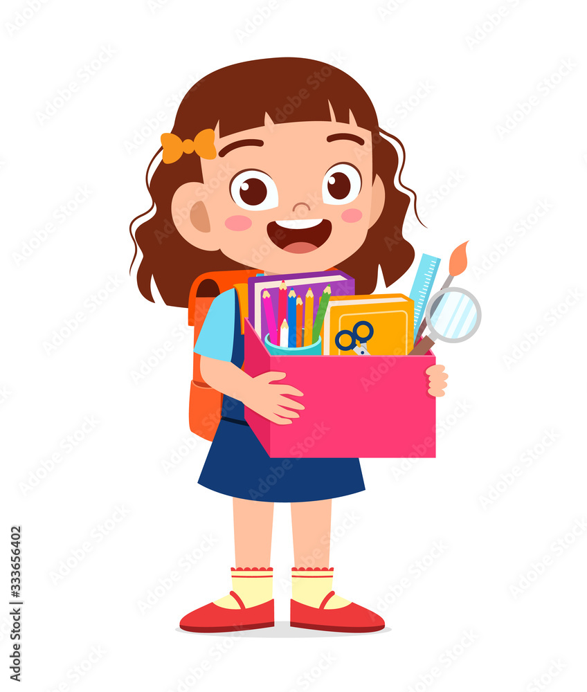 happy cute little kid girl carry box of school supplies Stock