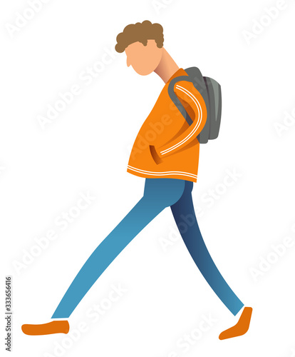 Sad teenage boy with rucksack walking, male character