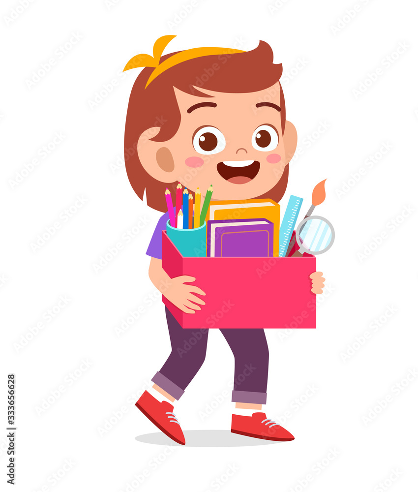 happy cute little kid girl carry box of school supplies