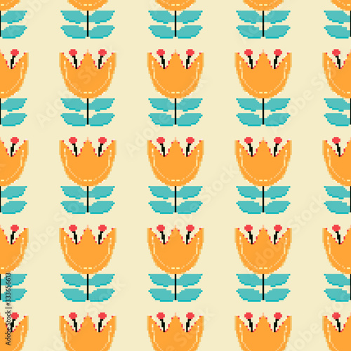 Vector seamless retro flower pattern background. Pixel art. 8 bit. Vector illustration for website  card  poster  game.