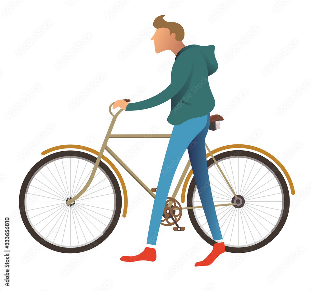Naklejka premium Man walking by bike, male character with bicycle