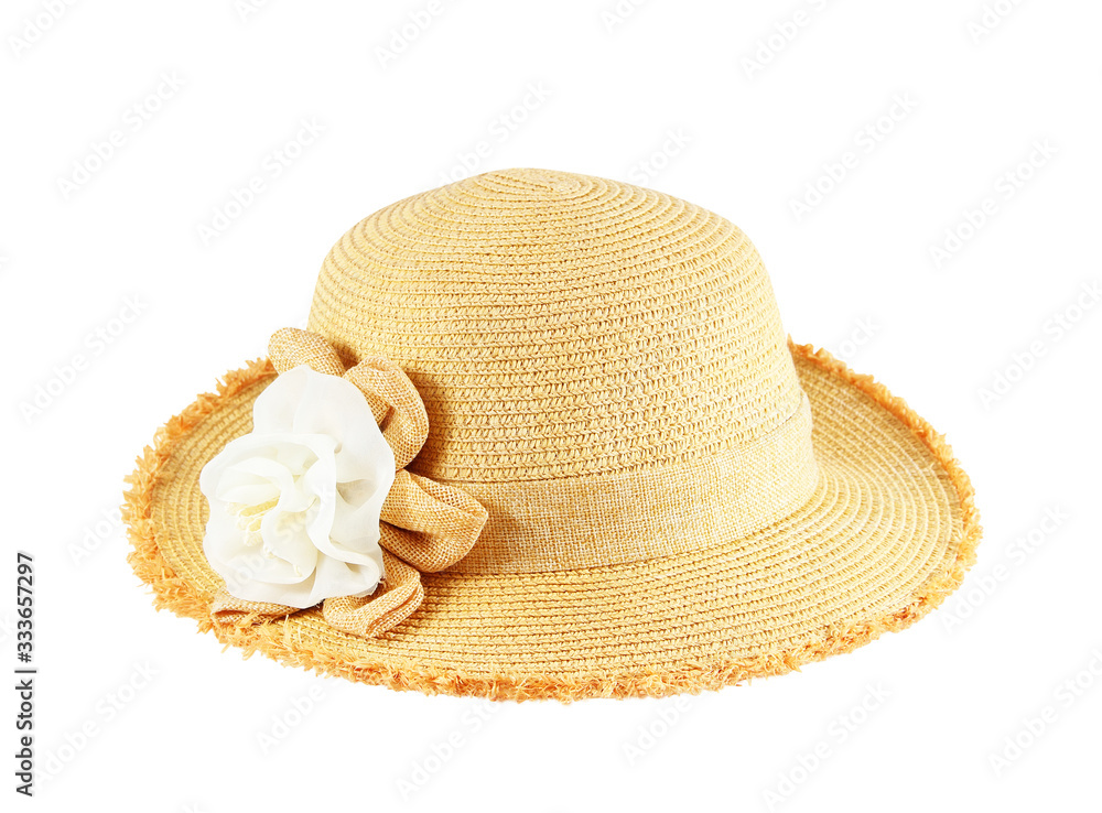 Pretty straw hat with flower on white background