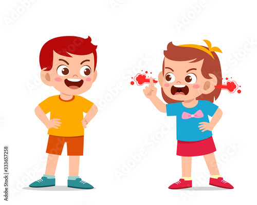cute kid boy and girl fight and argue