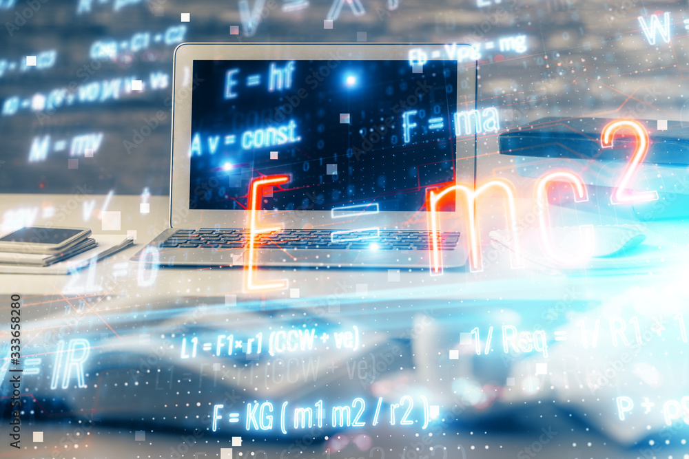 Desktop computer background and formula hologram writing. Double exposure. Education concept. Desktop computer background and formula hologram writing. Double exposure. Education concept.