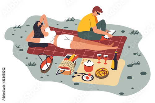 Couple on picnic, sunbathing woman and reading man