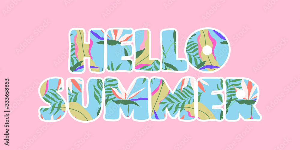 Tropical outlined HELLO SUMMER text. Isolated vector design sign, header for web and print use. Bright colorful Hawaiian letters on pink. Summertime conceptual drawing. Tropical outlined HELLO SUMMER text. Isolated vector design sign, header for web and print use. Bright colorful Hawaiian letters on pink. Summertime conceptual drawing.