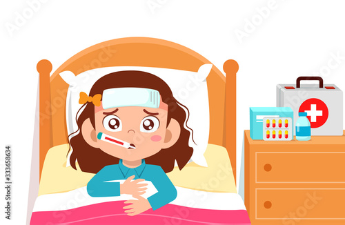 sad cute kid girl lay in bed sick