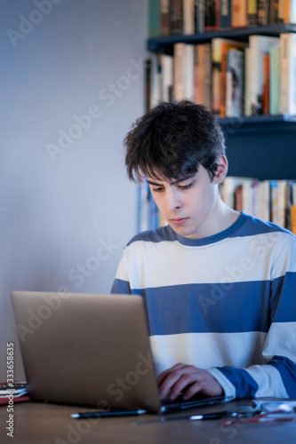 A teenaged boy studying on his computer at home in his living room