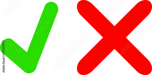 Tick and cross icons. Green checkmark OK and red X icons, Circle shape symbols YES and NO button for vote