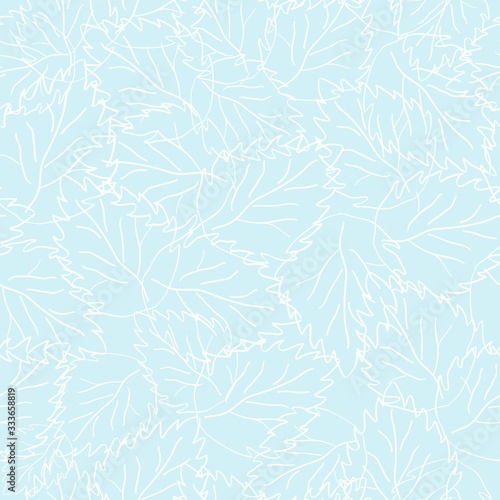 Seamless leaves pattern on pastel blue. Vector repeating foliage backgtound of outlined leaves for textile, fabrics, wallpaper, print, cover, backdrop, surface, banner, card, package design.