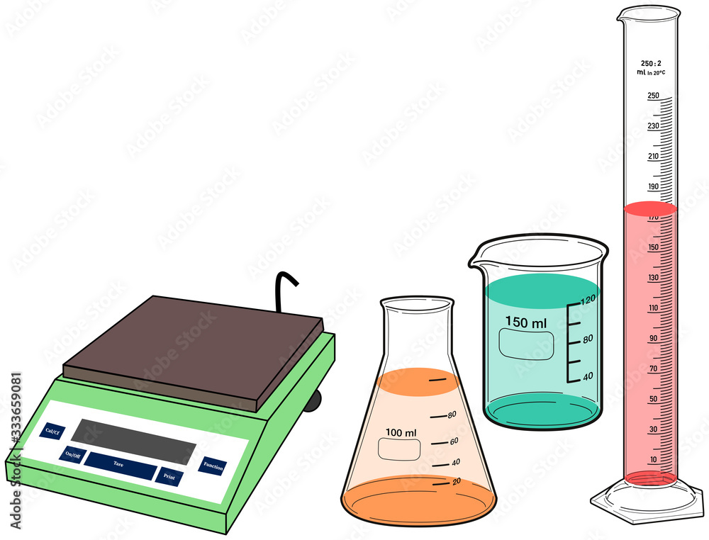 Weighing machine pan scale, conical flask, beaker, graduated measuring  cylinder, Chemistry lab equipment for measurement Stock Illustration