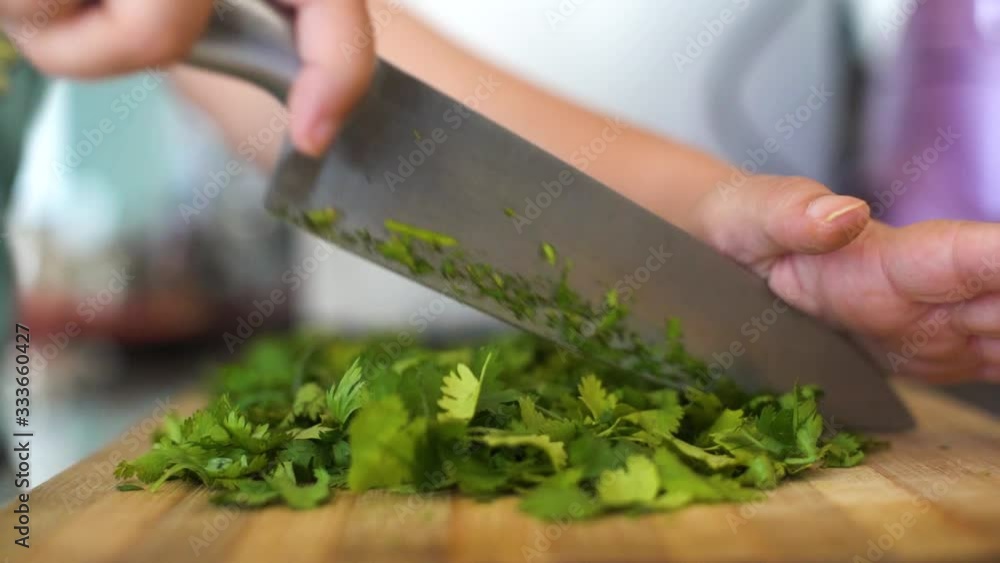 Macro shot oboard of young fair indian woman chopping up dhaniya mint leaves on a wooden chopping board with a huge knife Macro shot oboard of young fair indian woman chopping up dhaniya mint leaves on a wooden chopping board with a huge knife