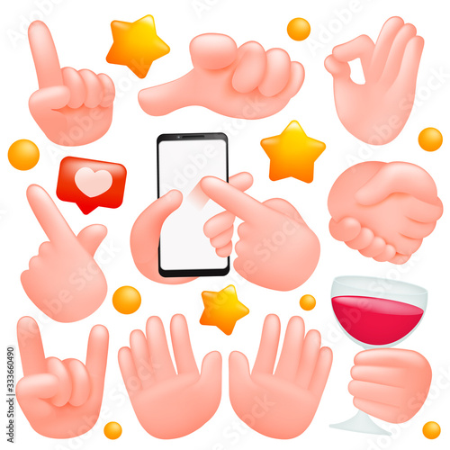 Human hands sign set. Various gestures. Hand shake, swipe, ok, stop and other symbols