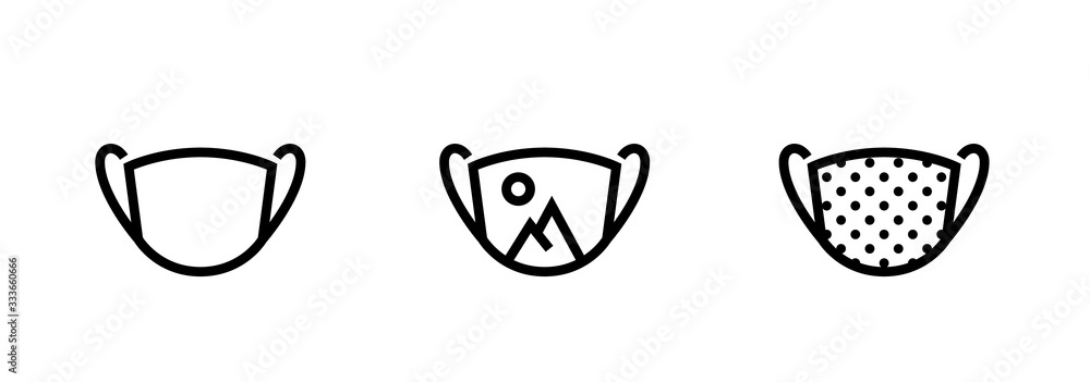 Fototapeta premium Set of protective mask, with print and fabric. Editable line vector.