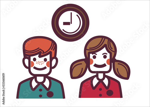 School children in uniform and clock showing time