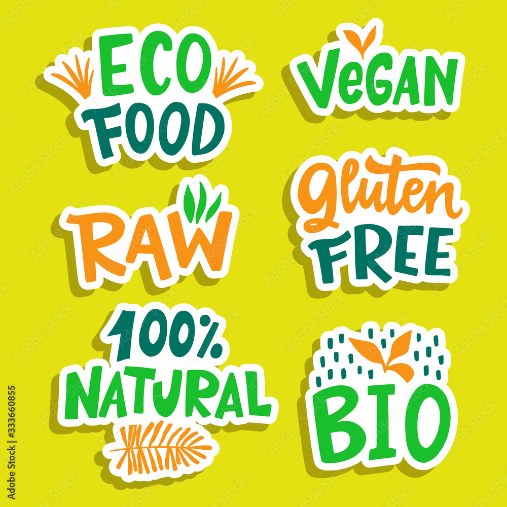 100 Percent Organic, Gluten free, Vegan, Bio, Eco, Natural food sign set 100 Percent Organic, Gluten free, Vegan, Bio, Eco, Natural food sign set