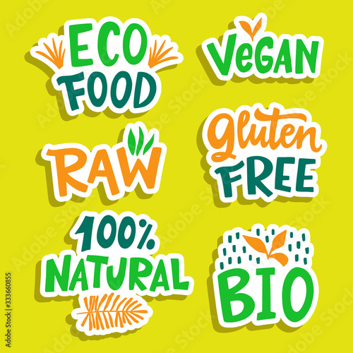 100 Percent Organic, Gluten free, Vegan, Bio, Eco, Natural food sign set