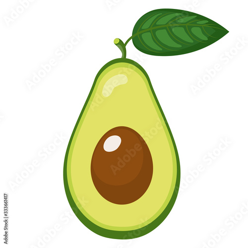 Fresh half avocado with leaf isolated on white background. Summer fruits for healthy lifestyle. Organic fruit. Cartoon style. Vector illustration for any design.
