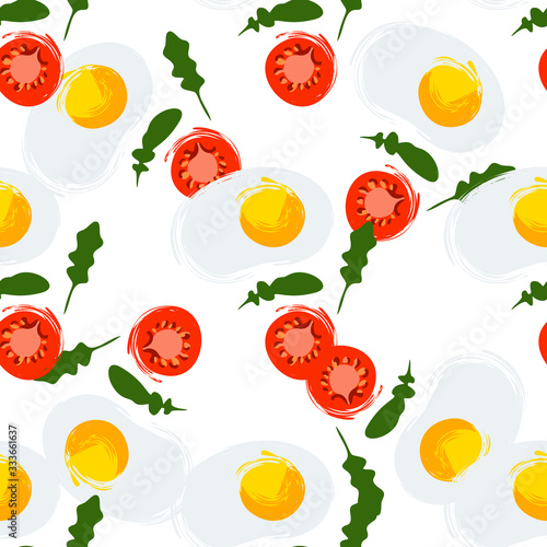 Seamless pattern with slices of tomato eggs and arugula on a white background