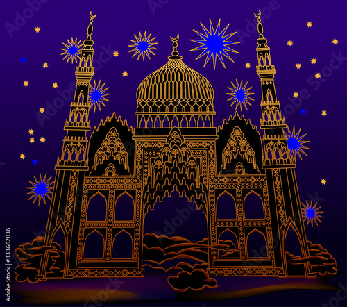 Illustration of fantastic oriental medieval castle at night time. Cover for kids fairy tale book. Poster for travel company. Imaginary fairyland eastern landscape. Modern print. Vector cartoon image.