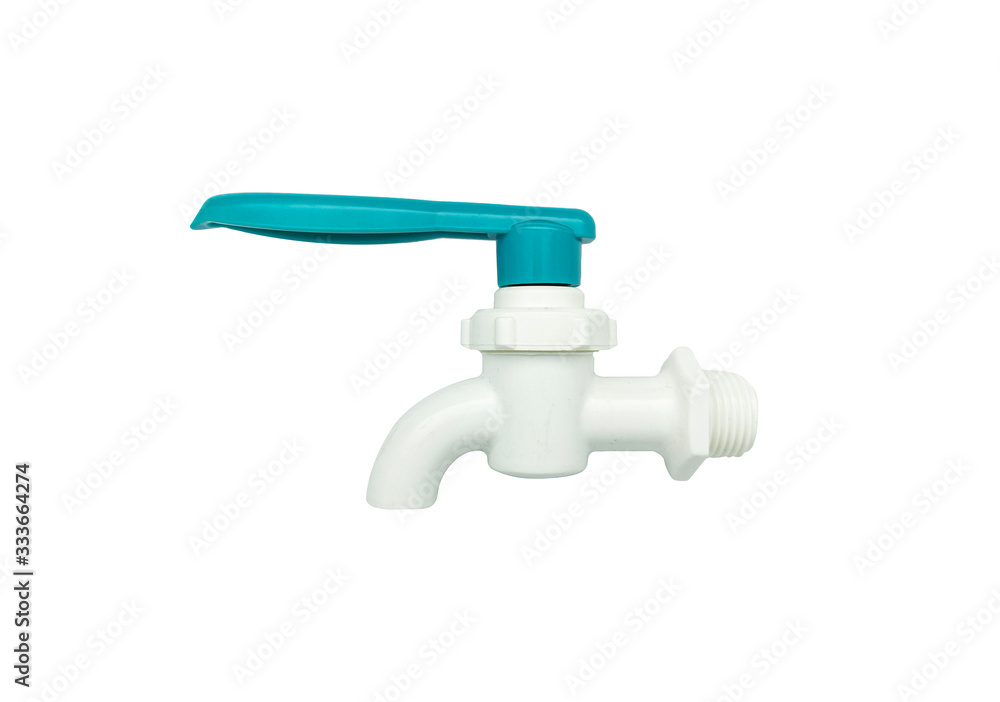 Closeup a white faucet isolated on white background. Single new faucet with blue valve Closeup a white faucet isolated on white background. Single new faucet with blue valve