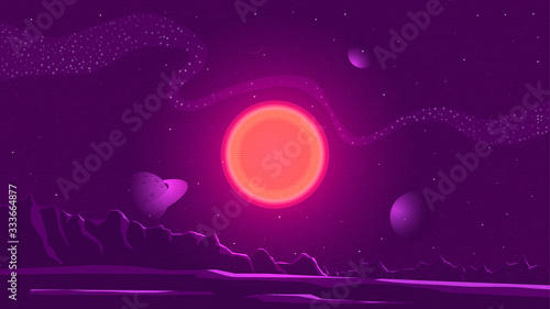 Minimalist vector landscape background, abstract sunset surface and a planet for your design.