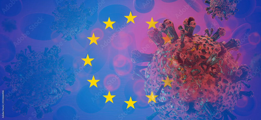 Flag of Europe Coronavirus Virus cell. Corona Virus detail symbolic virus cell. 3d-illustration - obrazy, fototapety, plakaty 