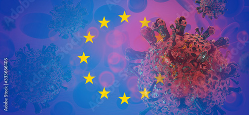 Fototapeta Naklejka Na Ścianę i Meble -  Flag of Europe Coronavirus Virus cell. Corona Virus detail symbolic virus cell. 3d-illustration