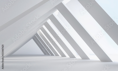 Abstract 3D white background. Illuminated corridor. light and column elements. Concept image for modern geometric architecture and interior design. 3D rendering.