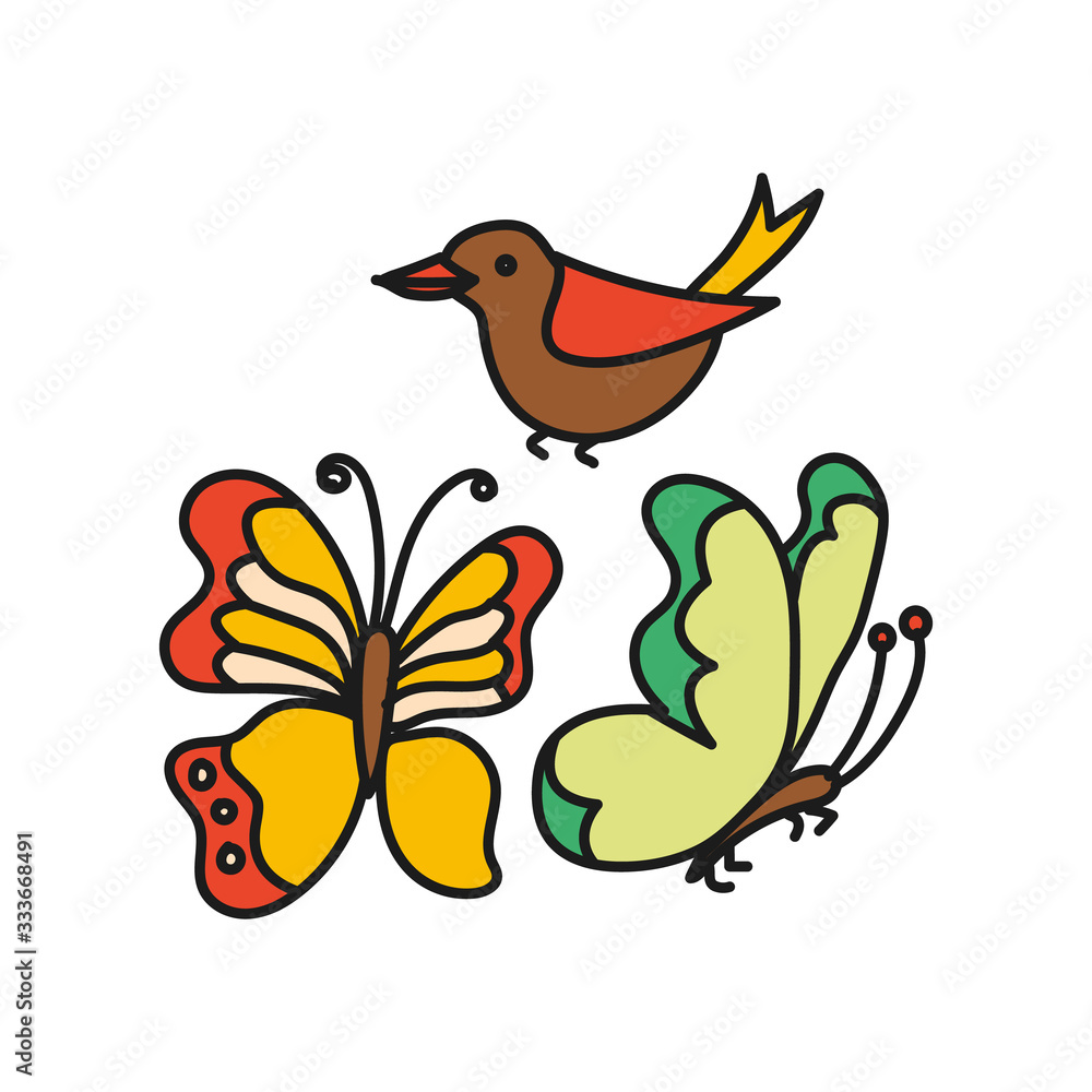 Set of butterflies and birds color simple on a white background. Set of butterflies and birds color simple on a white background.
