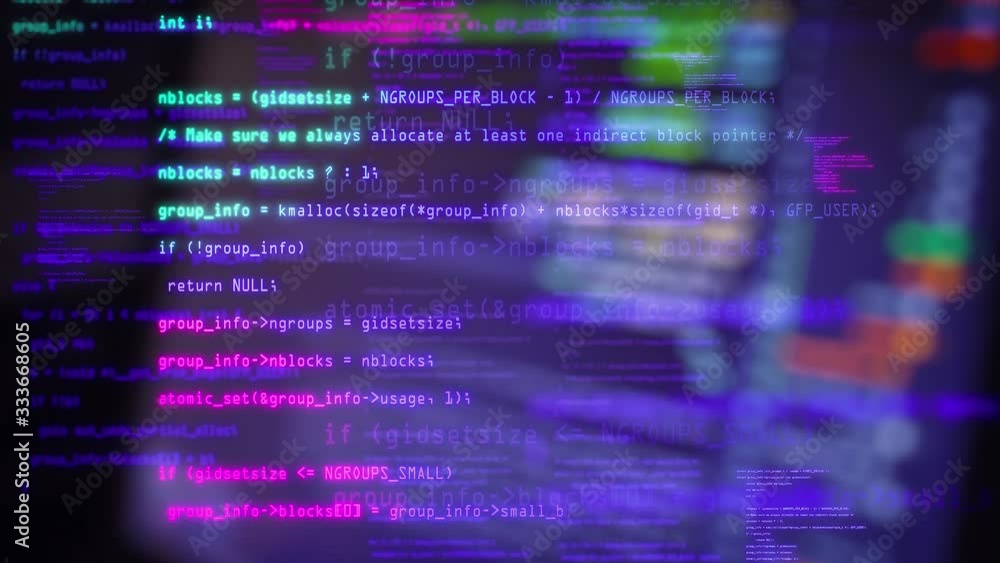 Data flow animation technology. Blocks of abstract program code are written and moved on old screen monitor. Blue and purple code. IT, software development and hacking concept. encrypted security code