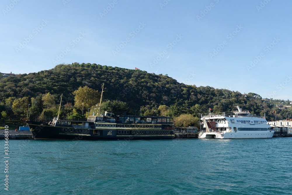 Passenger pleasure boats at the pier in the Bosphorus. Istanbul
