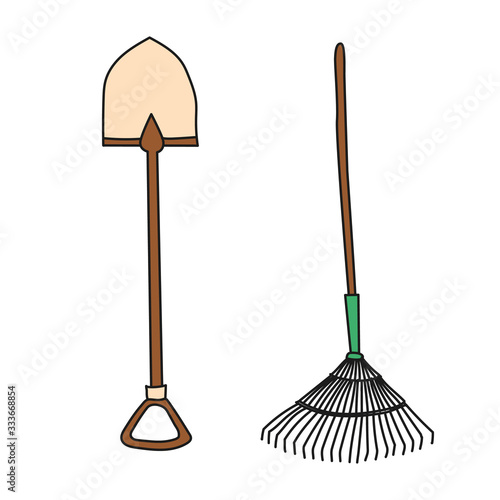 Garden shovel and rake. Hand drawn simple icon.