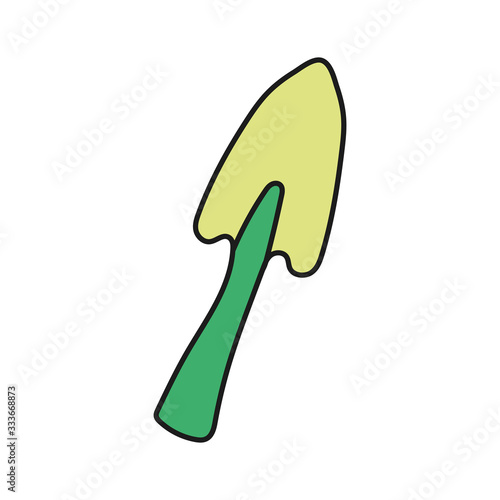 Simplified outline illustration of a small shovel on a white background.