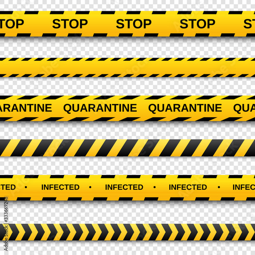 Warning yellow and black seamless tapes on transparent background. Safety fencing ribbon. Vector illustration
