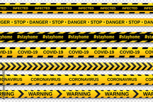 Warning yellow and black seamless tapes on transparent background. Safety fencing ribbon. Global pandemic coronavirus COVID-19. Vector illustration