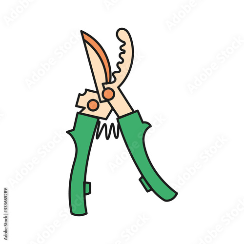 Simplified colored vector illustration of a metal farm secateur on a white background.