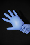  Blue gloved hand, holding another surgical glove inflated with air