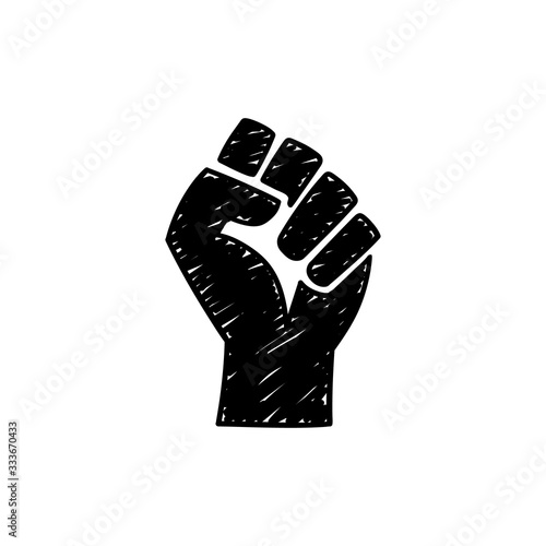 Doodle style raised fist hand on white background. Protest, rebel, fight - isolated vector illustration