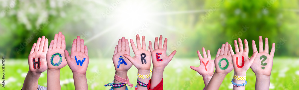 Children Hands Building Colorful English Word How Are You. Sunny Green Grass Meadow As Background - obrazy, fototapety, plakaty 