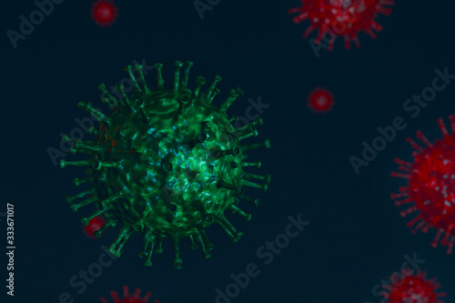 Flu or HIV coronavirus floating in fluid microscopic view, pandemic or virus infection concept - 3D illustration