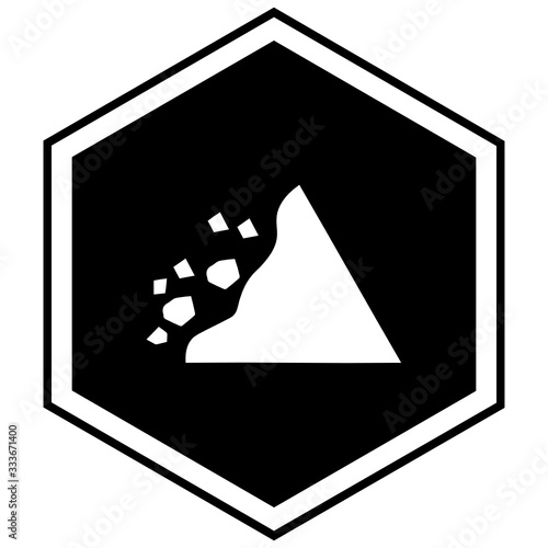 Rock Falling Area Road Sign Vector Glyph Icon Design, Mountain collapse on white background, natural downward stone and debris concept,