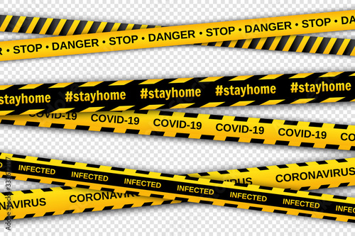 Warning yellow and black tapes on transparent background. Safety fencing ribbons. Global pandemic coronavirus COVID-19. Vector illustration