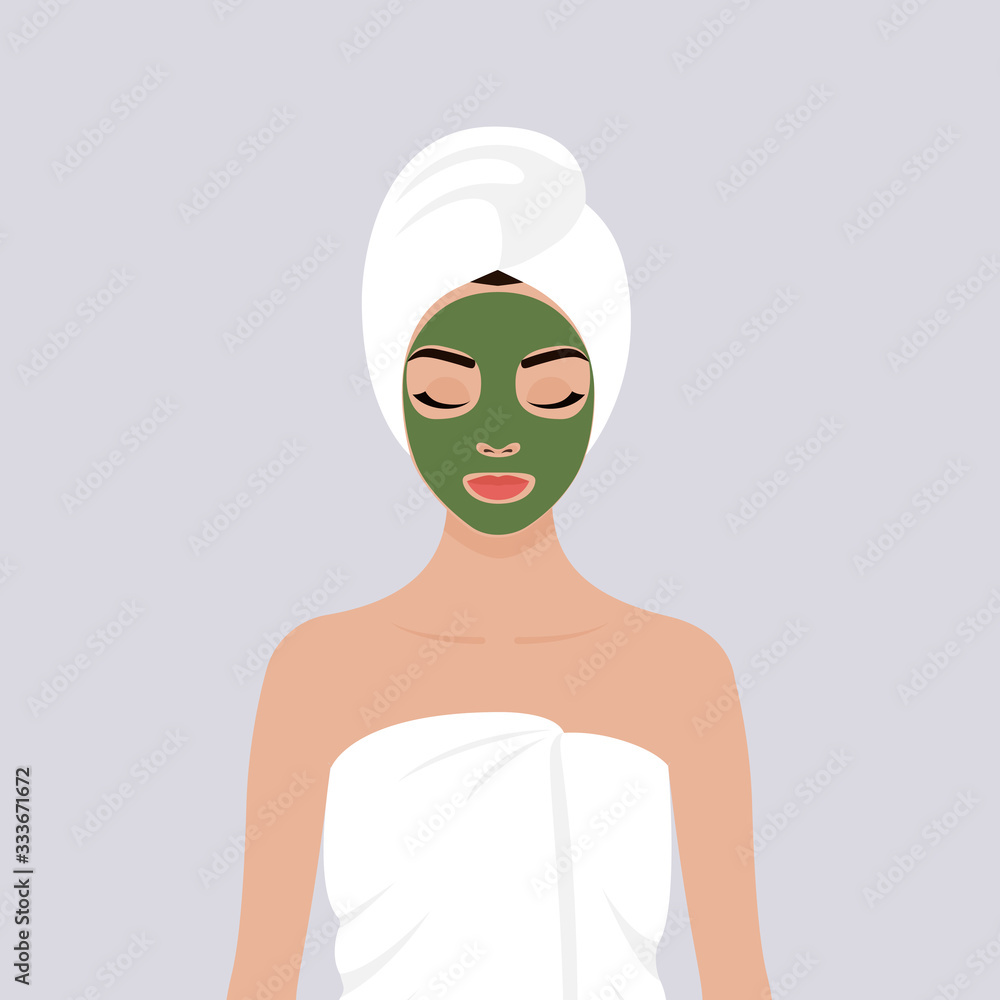 A young girl wrapped in a towel with a cosmetic mask on her face. Stock vector illustration A young girl wrapped in a towel with a cosmetic mask on her face. Stock vector illustration
