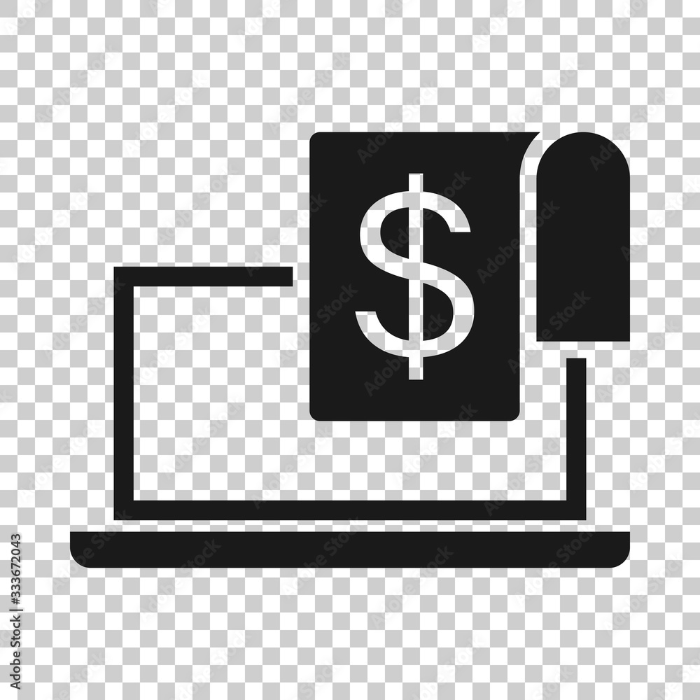 Laptop with money icon in flat style. Computer dollar vector illustration on white isolated background. Finance monitoring business concept. Laptop with money icon in flat style. Computer dollar vector illustration on white isolated background. Finance monitoring business concept.