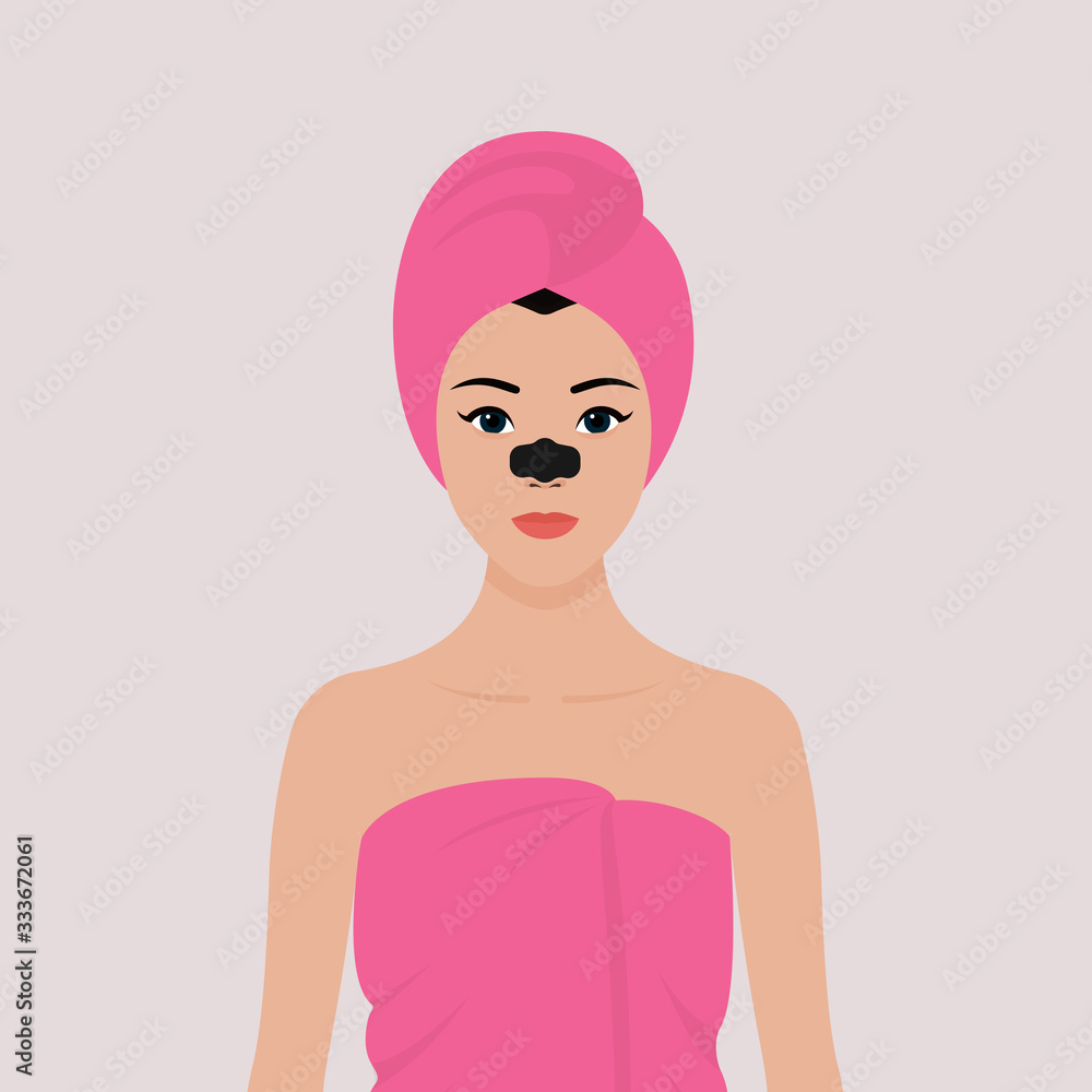 A young girl wrapped in a towel, with a towel on her head, with a cleansing strip on her nose. Stock vector flat illustration. The concept of self-care for the skin of the face A young girl wrapped in a towel, with a towel on her head, with a cleansing strip on her nose. Stock vector flat illustration. The concept of self-care for the skin of the face