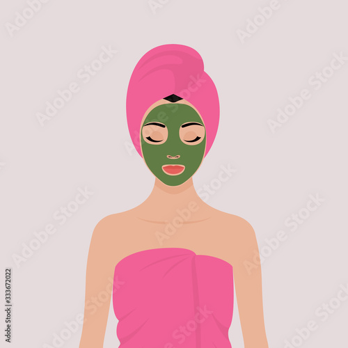 A young girl wrapped in a towel with a cosmetic mask on her face. Stock vector illustration
