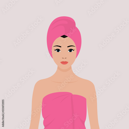 A young girl wrapped in a towel, with a towel on her head. Stock vector flat illustration. The concept of self-care for the skin of the face
