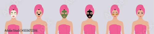 A set of six vector stock flat illustrations. A young girl wrapped in a towel, with a towel on her head, with different types of cosmetic masks on her face. The concept of self-care for the skin